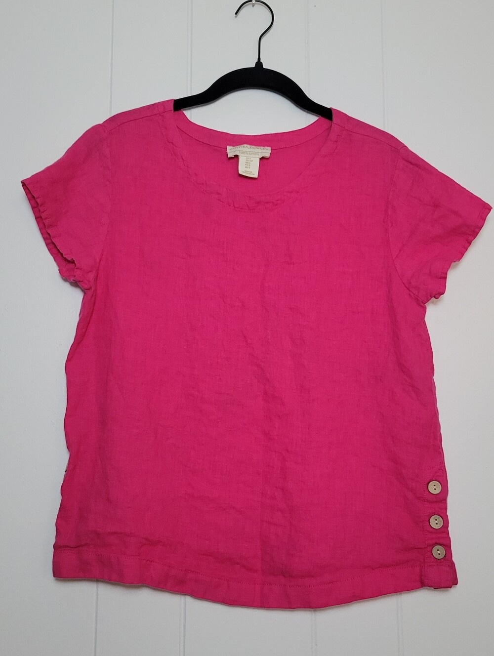 Cynthia Rowley Pink 100% Linen Top Button Side Fuchsia Short Sleeve Coastal S